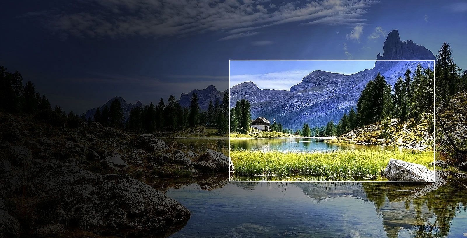 Фотоколаж про OLED з блакитними горами