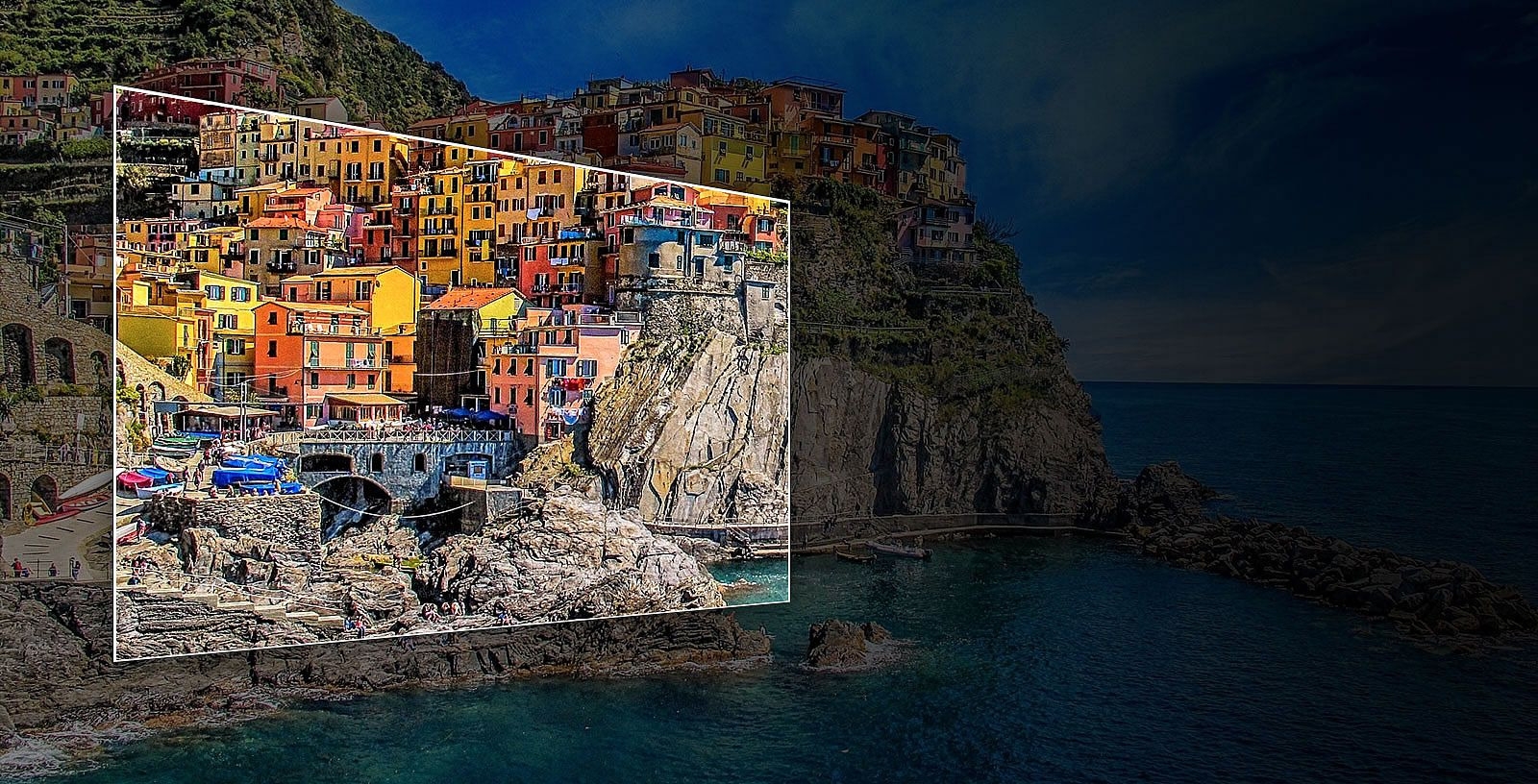 Photoсollage about OLED with yellow buildings